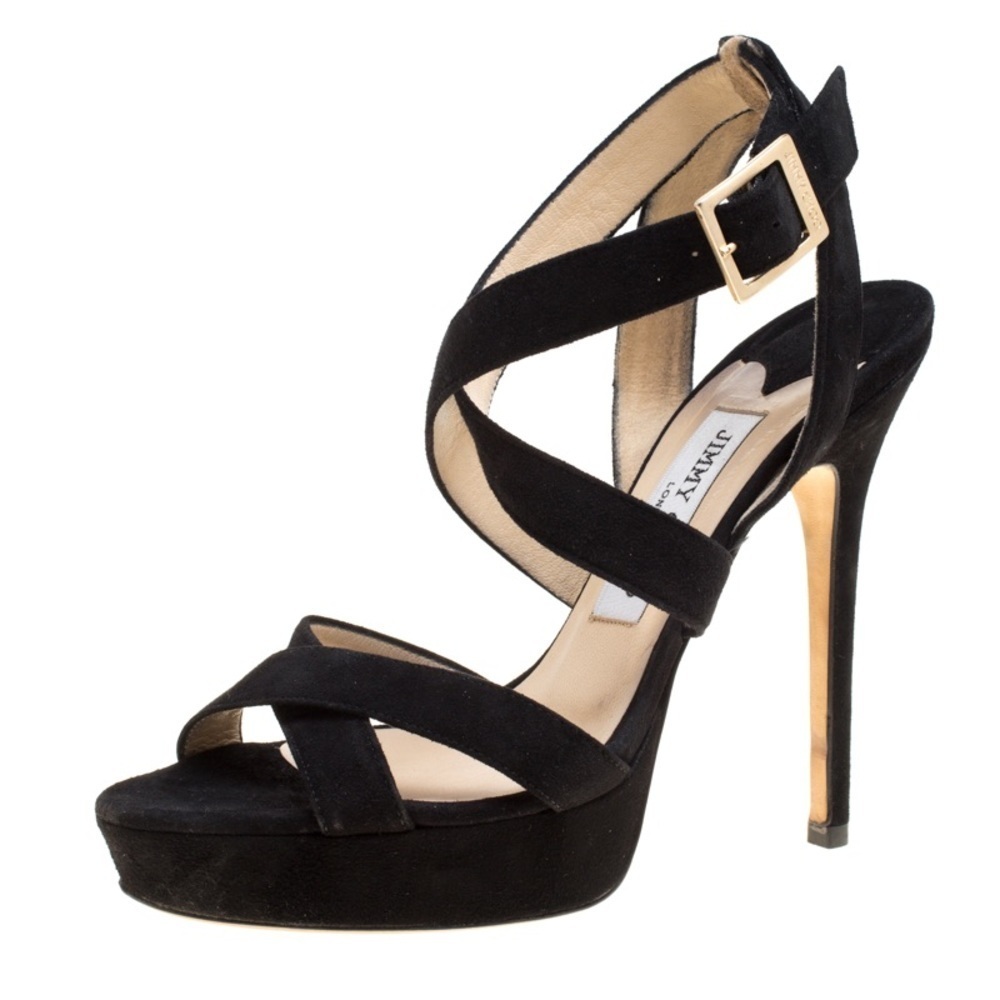Jimmy Choo ‘Vamp’ Black Seude Celebrity Designer Ankle Strappy Sandal Heels 38.5